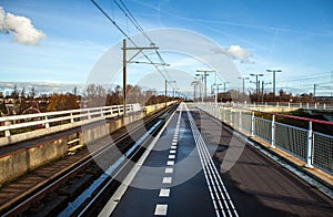 Railway or railroad tracks for train transportation.