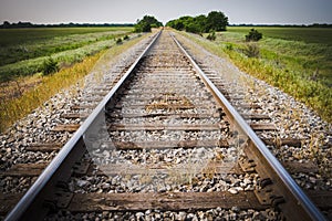 Railway, Railroad, Train Tracks, With Green Pasture Early Morning