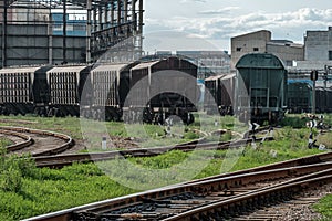 Railway rails extending into the distance to freight cars. In the background are industrial buildings. Sunny summer day