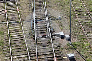 Railway rails and sleepers, summer day, top view.