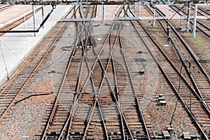 Railway rails on wooden sleepers.