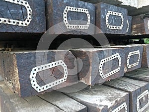 Railway railtrack tracks wooden concrete sleepers photo