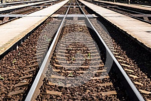 Railway road. Rails and cross ties, concept, close-up