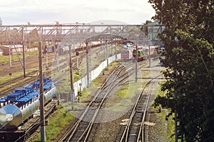 Railway: roads, poles, traffic lights, trains, locomotives. Russia