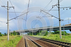 railway in a rural landscape. Evening, summer time