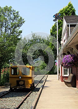 Railway speeder and tall semaphore signal at Agassiz-Harrison Historical train station. BC, Canada. photo