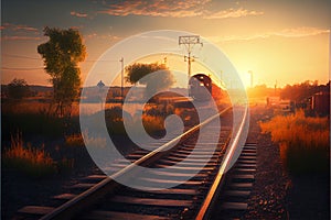 Railway station against beautiful sky at sunset. Industrial landscape with railroad, colorful blue sky with red clouds