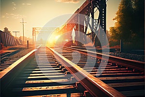 Railway station against beautiful sky at sunset. Industrial landscape with railroad, colorful blue sky with red clouds