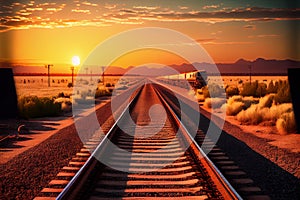 Railway station against beautiful sky at sunset. Industrial landscape with railroad, colorful blue sky with red clouds, sun, trees