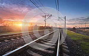 Railway station against beautiful sunny sky. Industrial landscape