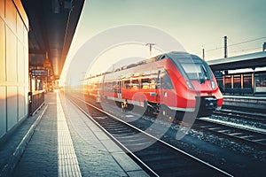 Railway station with beautiful modern red commuter train at suns