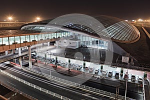 Railway station at Beijing Capital Airport Terminal 3 at night