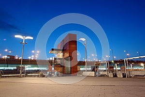 Railway station entrance by night