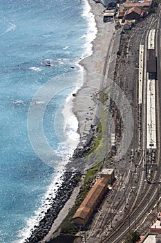 Railway station of Giardini Naxos and the Mediterranean Sea. Aerial view.