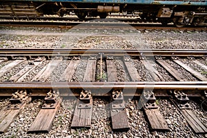 Railway station. Intersection of old rails. Closeup.