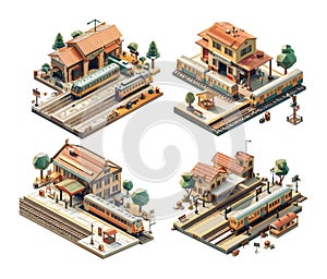 Railway station isometric vector set. Train wagons trees arrival departure communication routes buildings illustrations