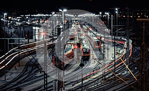 Railway station with motion train at night