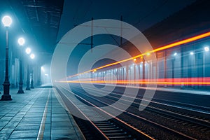 Railway station at night with Motion blur effect. Platform in fog.