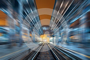 Railway station at night with motion blur effect. Railroad