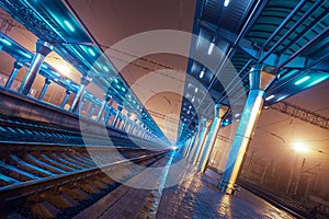 Railway station at night. Train platform in fog. Railroad