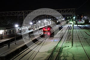 Railway station at night. Winter night in Russia