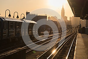 Railway station platform with trains coming and leaving and a city silhouette in the background photo