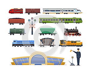 Railway station set. Express passenger cargo train wagon. Modern and retro railroad transportation