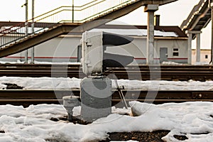 Railway station small traffic lights to reflect red and orange light to regulate the movement of trains and buggies