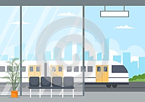 Railway Station with Train Transport Scenery, Platform for Departure and Underground Interior Subway in Flat Illustration