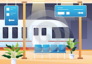 Railway Station with Train Transport Scenery, Platform for Departure and Underground Interior Subway in Flat Illustration