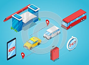 Railway station transfer, vector isometric 3D illustration. Call taxi or buy shuttle bus ticket online.