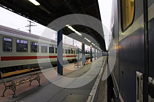 Railway station with wagons. Trains on the staion.