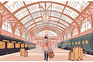 railway station, woman with suitcase, looking expectantly towards platform where a passenger train