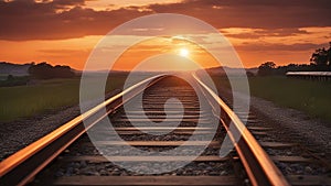 railway at sunset train tracks goes to horizon majestic sunset orange