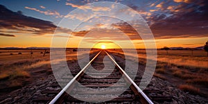 railway at sunset. vast horizon in the desert landscape. Train Path, Iron Tracks, Steel Road, Locomotive Tracks