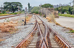 A railway switch or track construction in close proximity to a railway station