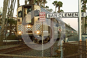 Railway system in the coastal San Clemente city in the USA during sunset