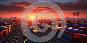 A railway terminal with a vast array of shipping containers at dusk.