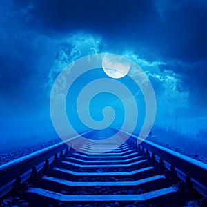 Railway to horizon in night with full moon and clouds