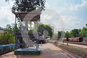 Railway track control tower, lever control tower at railway station platform of mountain village Kalakund near Mhow, Indore,