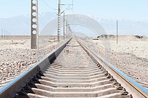 Railway Track crossing with Great Wall in Jiayuguan, Gansu, China.