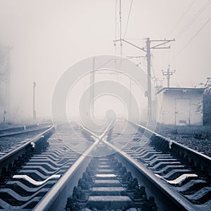 Railway track on fog
