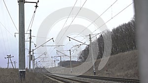 Railway track, isolators, grey grass in the Ukrainian fields. 4K