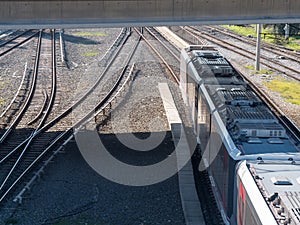 The railway track, light rail vehicle train pass through a railway.