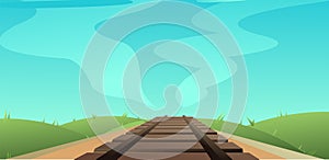 Railway track road through rural meadows hills. Path for train going into distance. Rails and sleepers. Cartoon fun