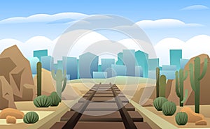 Railway track road to city on horizon. Desert and cacti. Path for train going into distance. Rails and sleepers. Cartoon