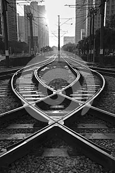 Railway track with switch and interchange and high rise building in Hong Kong city