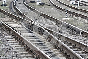 Railway tracks, close-up old train rails, railway infrastructure