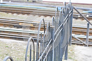 Railway tracks, close-up old train rails, railway infrastructure