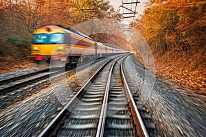 railway tracks curving ahead with speeding train